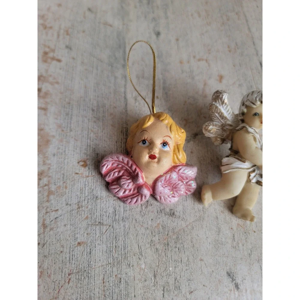 Vintage cherub set angel pink unique religious ornament Xmas set home unique